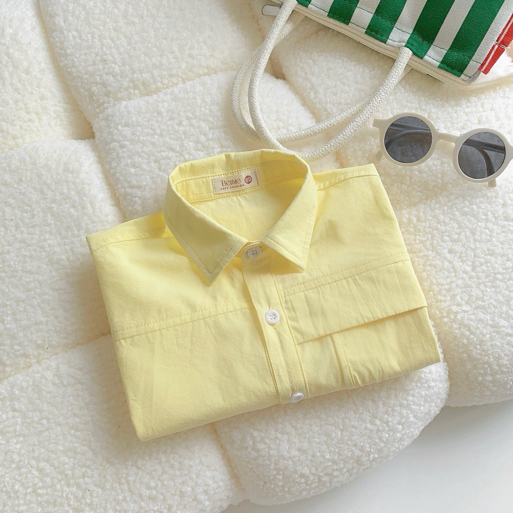 Áo sơ mi cộc tay Bernie họa tiết phối túi viền nổi, chất liệu thô mềm mát cho bé trai 9-28kg