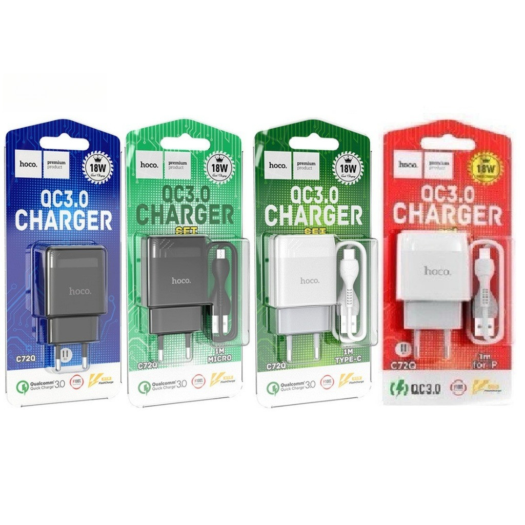 Bộ sạc Hoco C72Q sạc nhanh 18W ,chất liệu chống cháy siêu bền USB to Micro / Type-C / IP dài 1m.