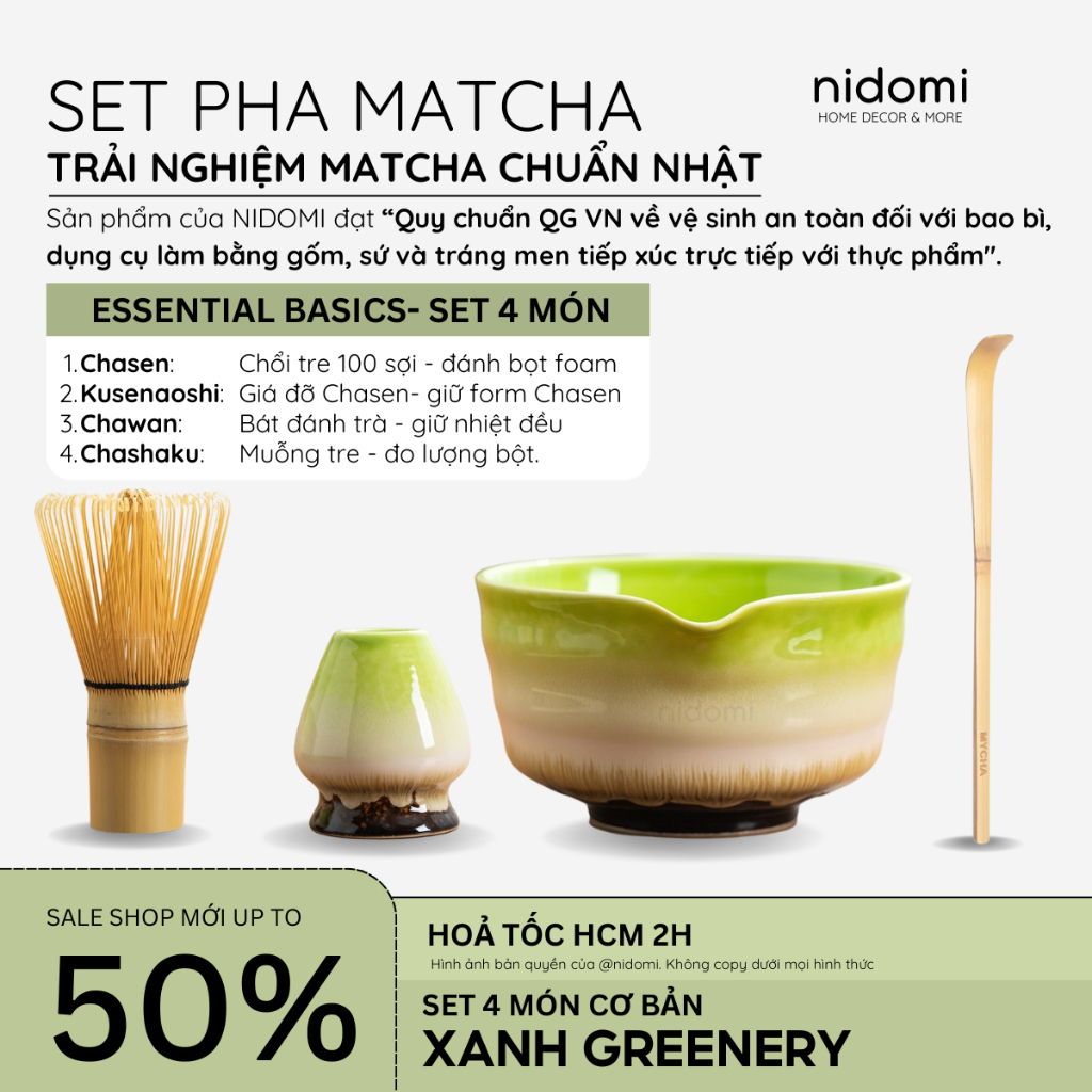 |nidomi| Essential Basics- Bộ Dụng Cụ pha Matcha gồm Chawan, Chổi Chasen, Chân đế, Thìa tre, Rây lọc