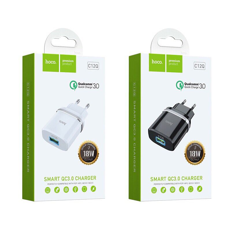 Củ Sạc Hoco C12Q Sạc Nhanh 18W Cho Samsung, Xiaomi, Oppo, IP - Cốc Sạc Nhanh QC 3.0, Siêu Bền