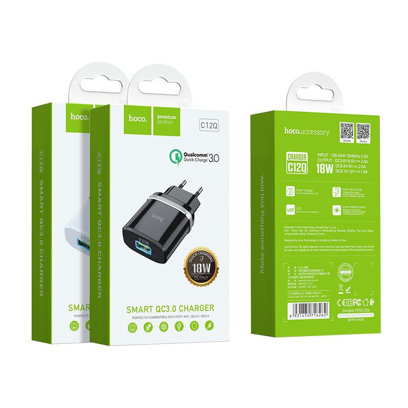 Củ Sạc Hoco C12Q Sạc Nhanh 18W Cho Samsung, Xiaomi, Oppo, IP - Cốc Sạc Nhanh QC 3.0, Siêu Bền