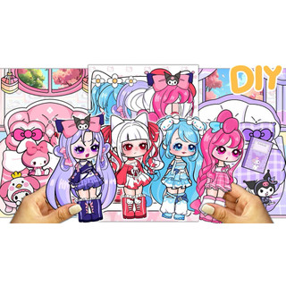 Ngôi nhà 4 búp bê Sanrio Gacha - Đồ chơi bóc dán Kuromi, Melody, Cinnamoroll, Kitty, 4in1