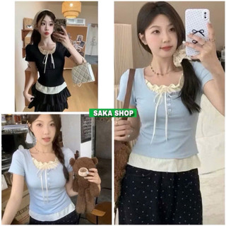 Áo thun tăm lụa cộc tay phối bèo buộc nơ vải mềm mịn