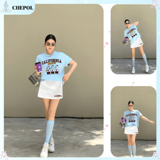 Bộ Áo Phông Nữ Chepol Form Rộng, In Chữ, Cổ Tròn, Phối Chân Váy, Chất Cotton( Áo Thun Xanh Biển + CV Ngắn )CP_10438