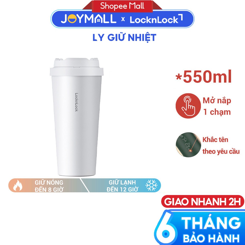 Ly giữ nhiệt LocknLock 550ml Trắng LHC3249WHT, Hàng chính hãng, mở một chạm, thép không gỉ - JoyMall