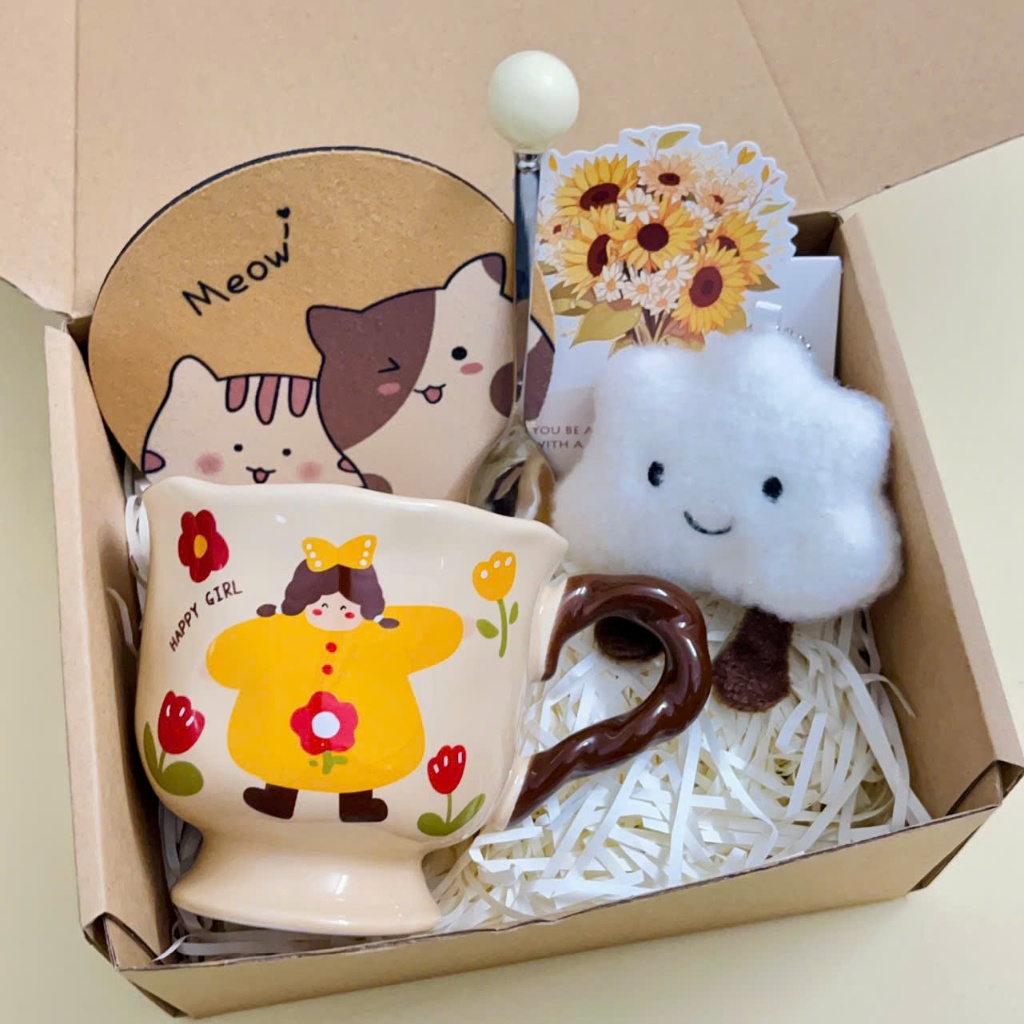 [Hỏa Tốc] Set Quà Cốc Ly Sứ Happy Girl Phong Cách Retro Vintage Kèm Gấu, Thiệp, Lót Ly Quà Tặng Tốt Nghiệp, Sinh nhật