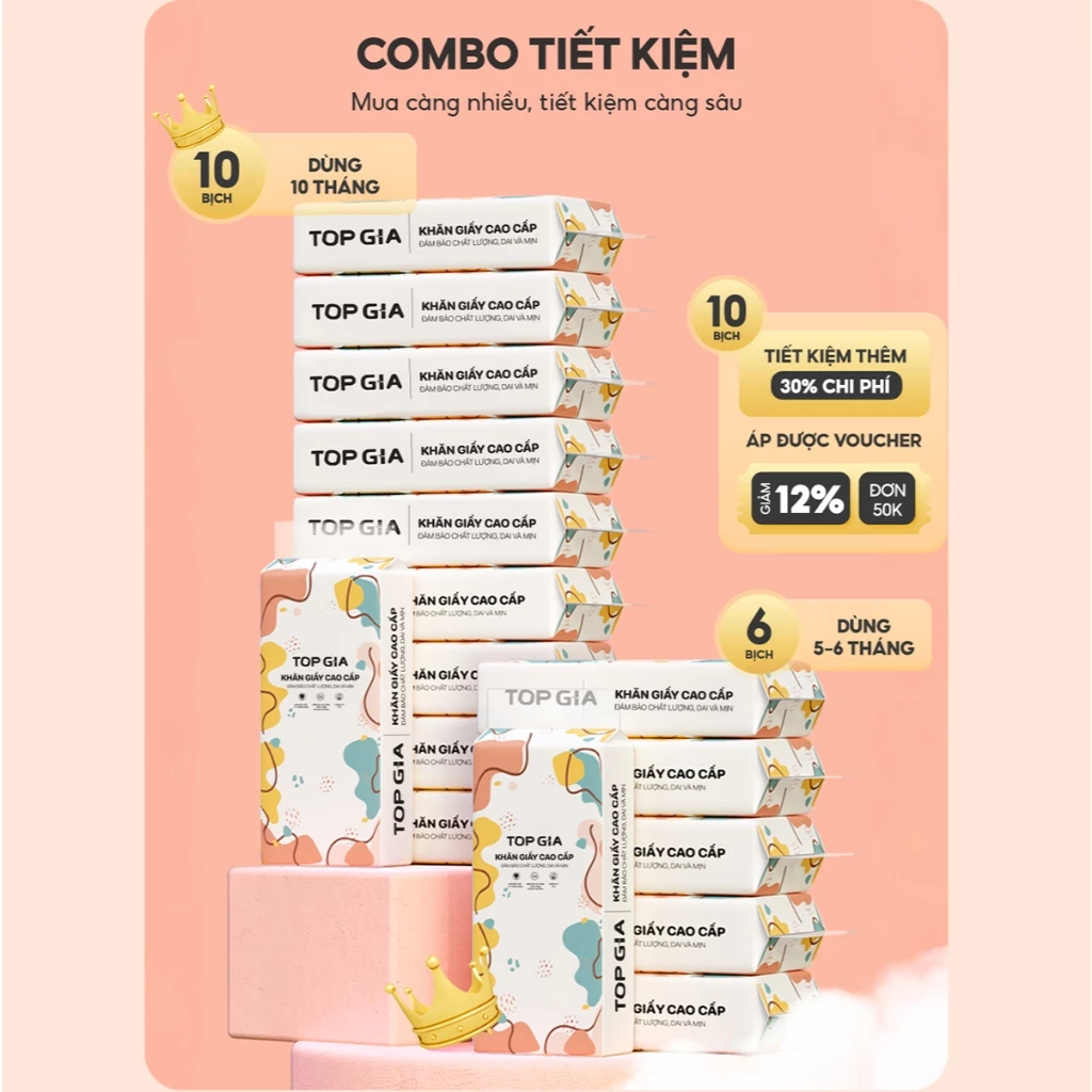 [SIÊU TO, CAO CẤP] Giấy vệ sinh treo tường TopGia thùng 10 12 8 6 bịch đa sắc, combo tiết kiệm 1280