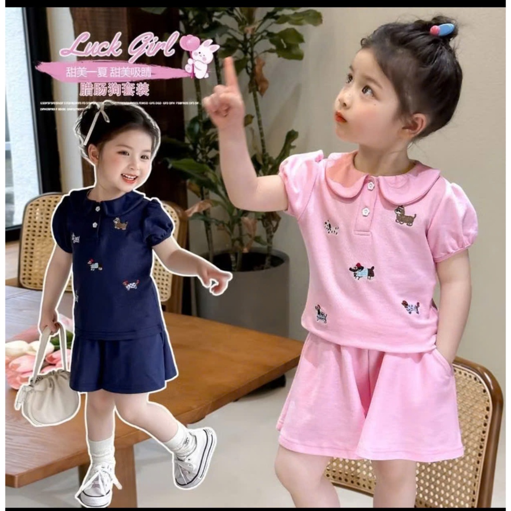 Bộ Quần Áo Cộc Tay ( Cổ Bẻ Cánh Sen 2 Màu ) Dành Cho Bé Gái 9-35kg Chất Vải Cotton Mềm Mịn Thoáng Mát