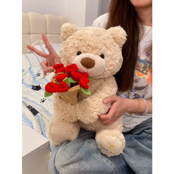 Gấu bông đội mũ ôm bó hoa hồng đáng yêu, Teddy lông xù cao cấp làm quà tặng sinh nhật, valentine cho bạn gái,người yêu