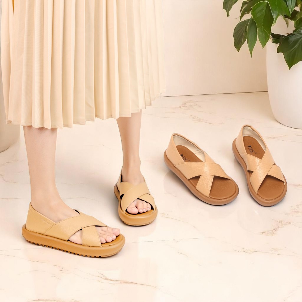 [Form to] Giày Sandal Nữ 3cm Hở Mũi Kiểu Quai Chéo Chất Da Bò Thật Pixie H312