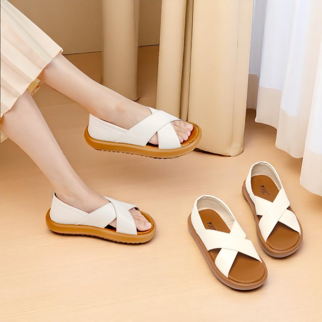[Form to] Giày Sandal Nữ 3cm Hở Mũi Kiểu Quai Chéo Chất Da Bò Thật Pixie H312
