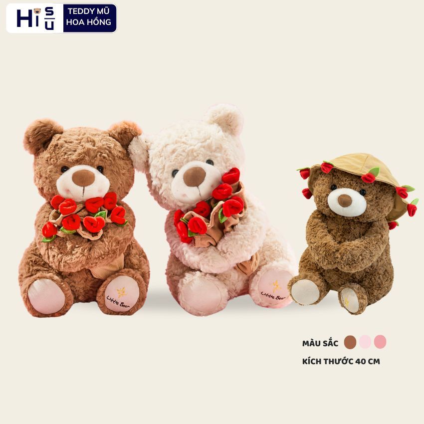 Gấu bông đội mũ ôm bó hoa hồng đáng yêu, Teddy lông xù cao cấp làm quà tặng sinh nhật, valentine cho bạn gái,người yêu
