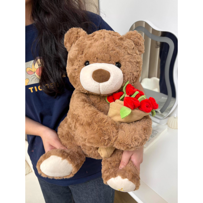 Gấu bông đội mũ ôm bó hoa hồng đáng yêu, Teddy lông xù cao cấp làm quà tặng sinh nhật, valentine cho bạn gái,người yêu