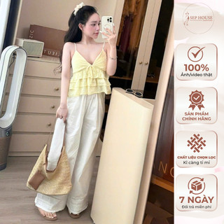 (Hàng loại 1)Set áo 2 dây xô ren cổ V họa tiết hoa nhí tầng bèo lưng chun phối quần linen dài suông đi biển trẻ trung
