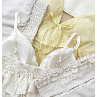 (Hàng loại 1)Set áo 2 dây xô ren cổ V họa tiết hoa nhí tầng bèo lưng chun phối quần linen dài suông đi biển trẻ trung