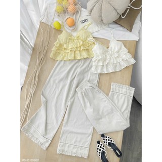 (Hàng loại 1)Set áo 2 dây xô ren cổ V họa tiết hoa nhí tầng bèo lưng chun phối quần linen dài suông đi biển trẻ trung