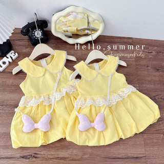 Váy hè,Váy thô Vàng mềm mát cổ sen mix viền ren tiểu thư kiểu dáng bí tặng kèm túi nơ hồng cho bé gái