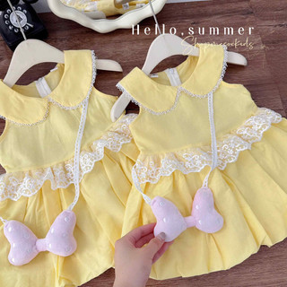 Váy hè,Váy thô Vàng mềm mát cổ sen mix viền ren tiểu thư kiểu dáng bí tặng kèm túi nơ hồng cho bé gái