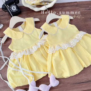 Váy hè,Váy thô Vàng mềm mát cổ sen mix viền ren tiểu thư kiểu dáng bí tặng kèm túi nơ hồng cho bé gái