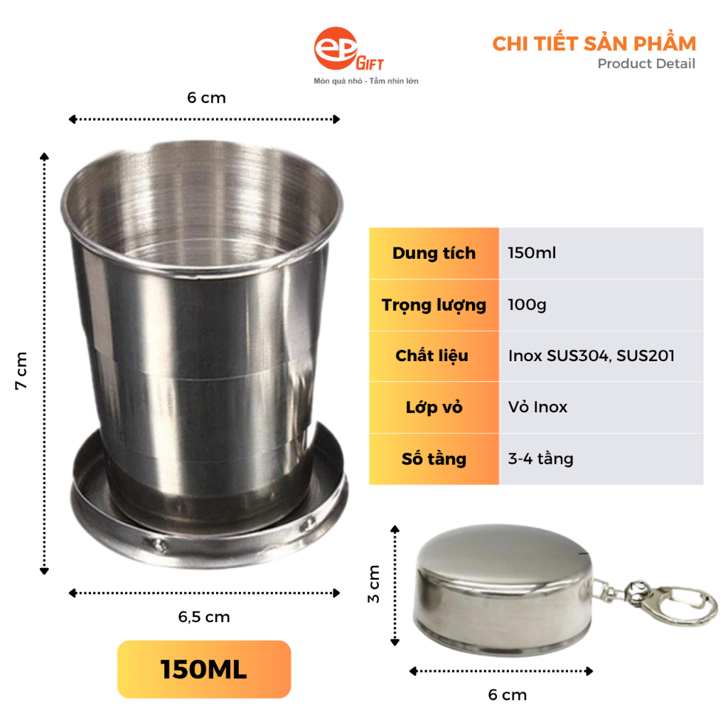 Cốc Gấp Gọn Du Lịch Epvina Gift Inox 304, Inox 201 Dung Tích 150ml