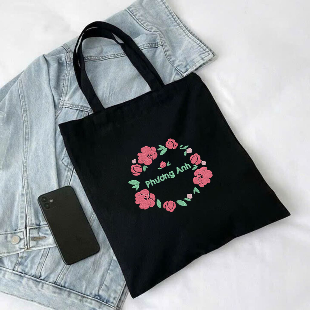 Túi Tote thêu theo yêu cầu- túi Vải Canvas Thêu Tên Và Họa Tiết Hoa hồng Dễ Thương, Túi Tote Nữ, Túi Tote Đi Học