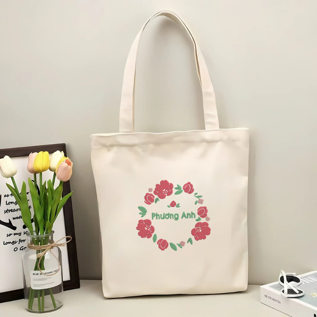 Túi Tote thêu theo yêu cầu- túi Vải Canvas Thêu Tên Và Họa Tiết Hoa hồng Dễ Thương, Túi Tote Nữ, Túi Tote Đi Học