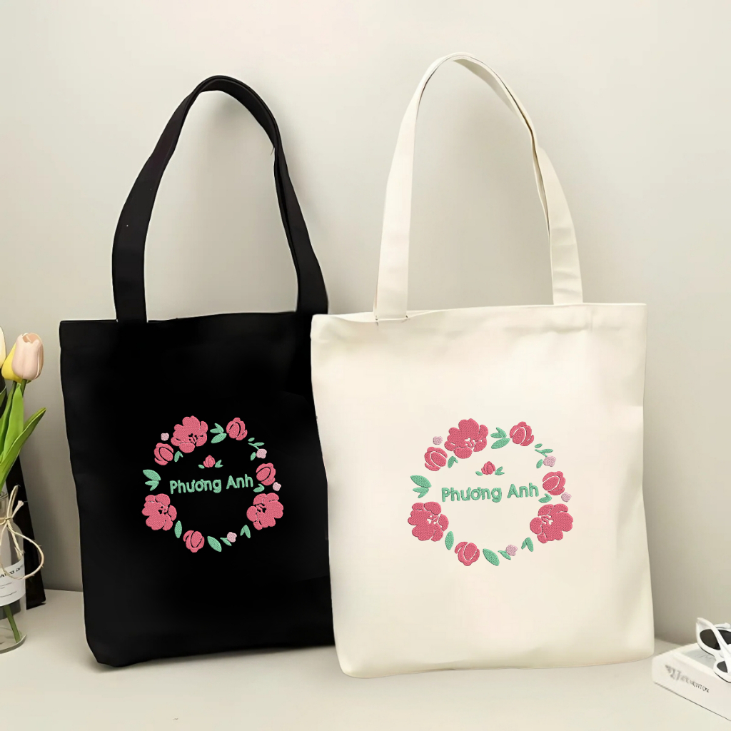 Túi Tote thêu theo yêu cầu- túi Vải Canvas Thêu Tên Và Họa Tiết Hoa hồng Dễ Thương, Túi Tote Nữ, Túi Tote Đi Học