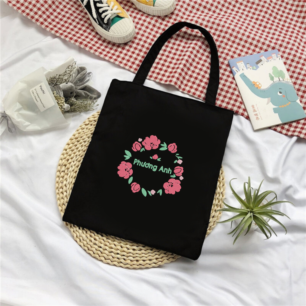 Túi Tote thêu theo yêu cầu- túi Vải Canvas Thêu Tên Và Họa Tiết Hoa hồng Dễ Thương, Túi Tote Nữ, Túi Tote Đi Học