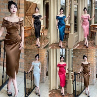 Đầm body phi lụa bẹt vai xoắn ngực tko mm 2025a