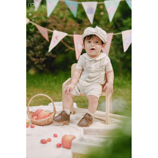 Bộ liền cộc màu ghi phối trắng đính nơ sz 6-9,9-12