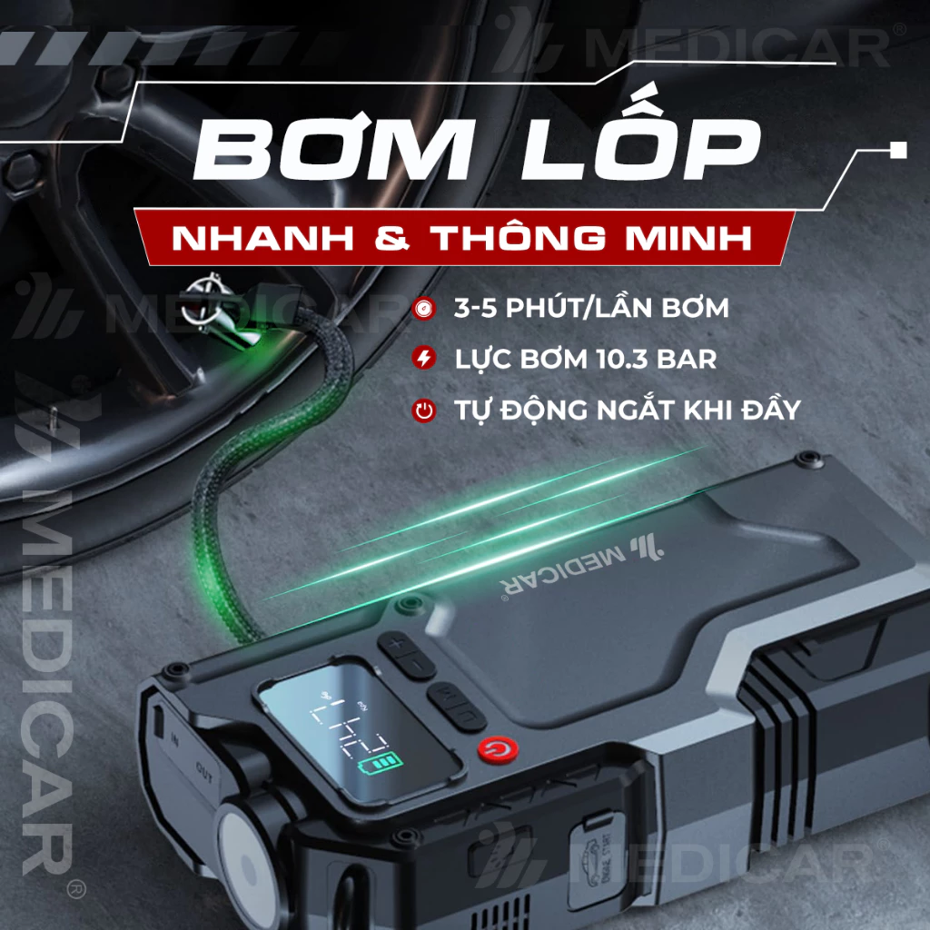KÍCH BÌNH BƠM LỐP Ô TÔ V3 PRO 14.000mAh 4in1 Medicar - Tổng hợp Bơm lốp, Kích bình, Đèn chiếu sáng