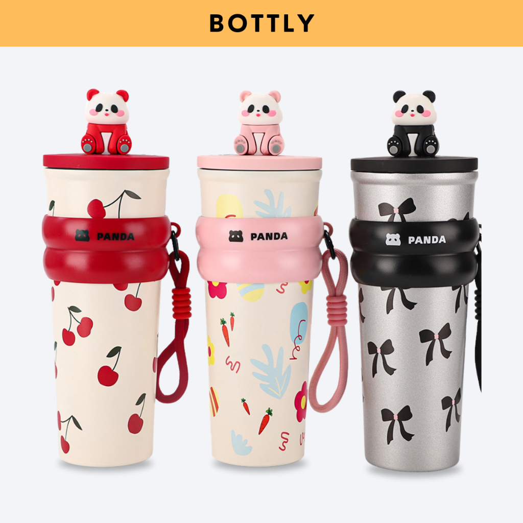 Ly giữ nhiệt Fun+ 750ml_Panda, inox 304 có ống hút, ly giữ nhiệt nóng lạnh có quai xách