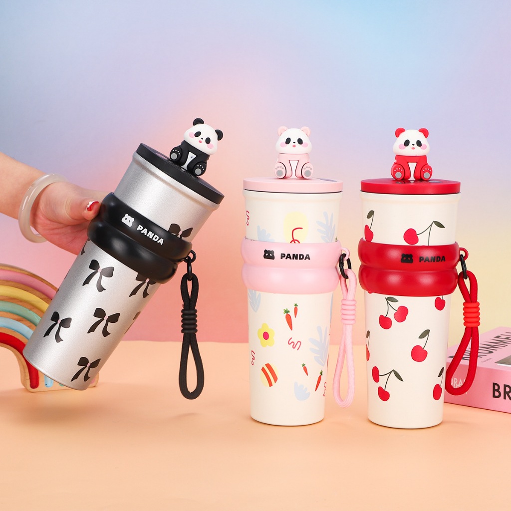 Ly giữ nhiệt Fun+ 750ml_Panda, inox 304 có ống hút, ly giữ nhiệt nóng lạnh có quai xách