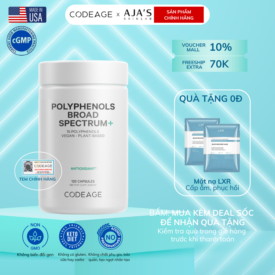 Viên uống chống nắng hỗ trợ phục hồi da CodeAge Polyphenols Spectrum ...