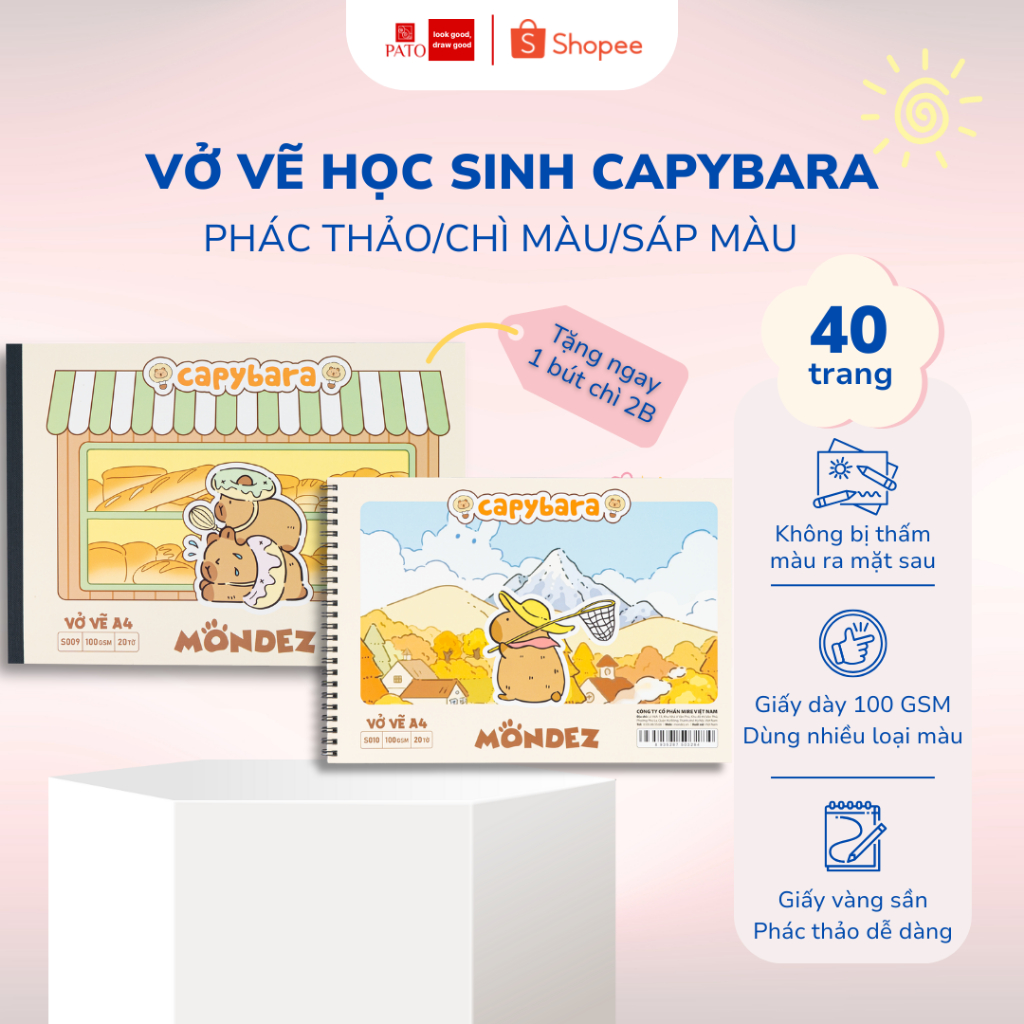 Sổ Vẽ Capybara A4 MONDEZ Chống Lóa Mắt Giấy 100GSM 20 Tờ Phù Hợp Sketch Sử Dụng Chì Màu, Sáp Màu