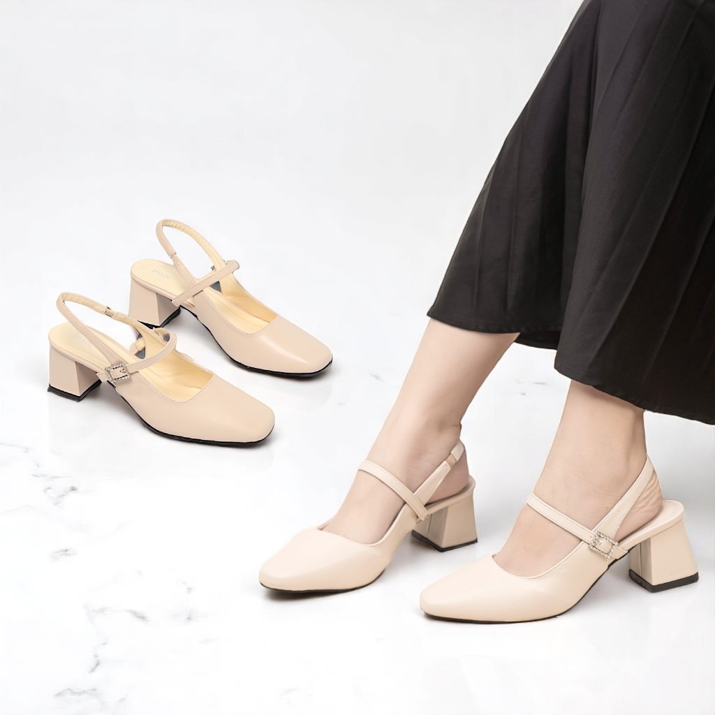 Giày Cao Gót Nữ 5cm SlingBack Phối Khóa Đính Đá Pixie E231