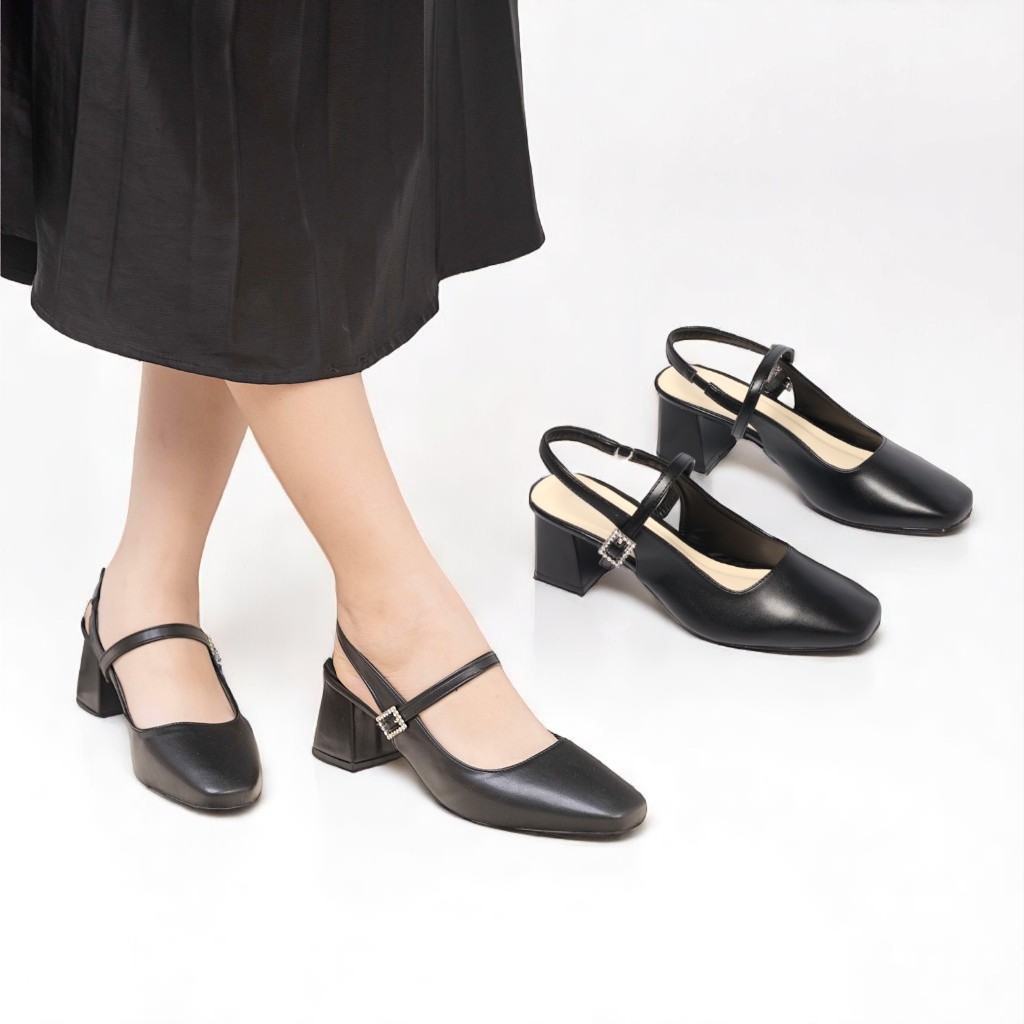 Giày Cao Gót Nữ 5cm SlingBack Phối Khóa Đính Đá Pixie E231