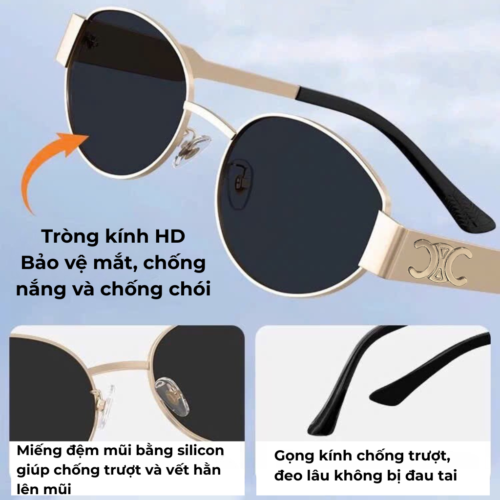 Kính Râm Oval Nhỏ Thời Trang Retro Đi Biển EYERIBY Kính Mát Gọng Kim Loại Vàng Lisa Style Unisex Che Nắng Siêu Đẹp R9