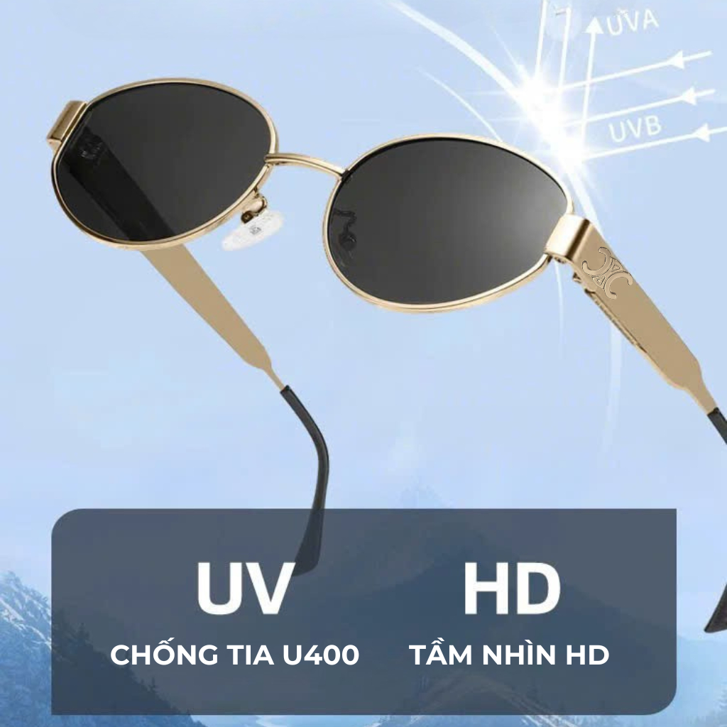 Kính Râm Oval Nhỏ Thời Trang Retro Đi Biển EYERIBY Kính Mát Gọng Kim Loại Vàng Lisa Style Unisex Che Nắng Siêu Đẹp R9