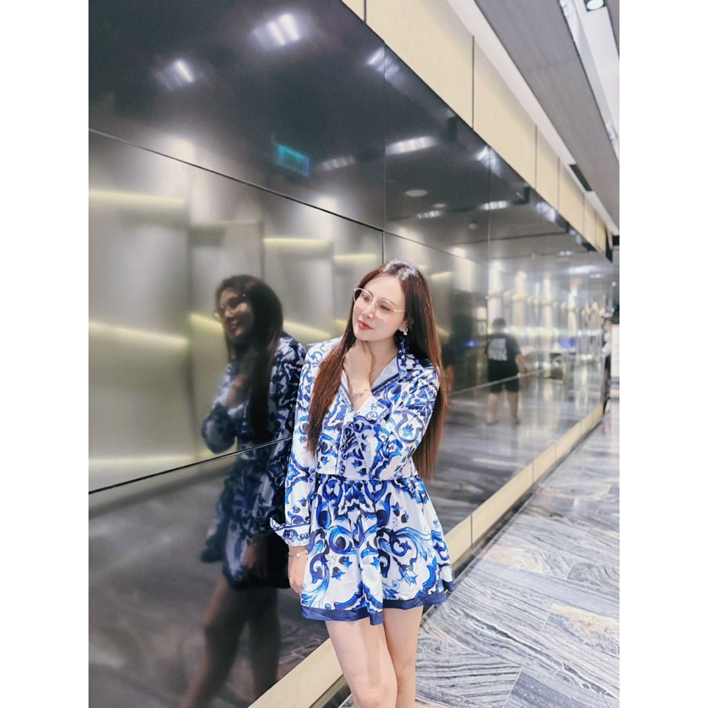 set áo sơ mi và váy quần xanh dương sieu cấp