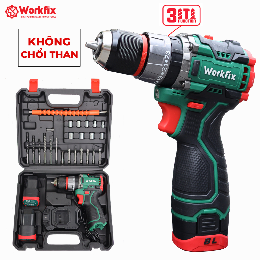[Kèm Phụ Kiện] Máy Khoan Pin Workfix WF-ID1610BL - Bộ 2 Pin - 3 Chức Năng - Motor Không Chổi Than