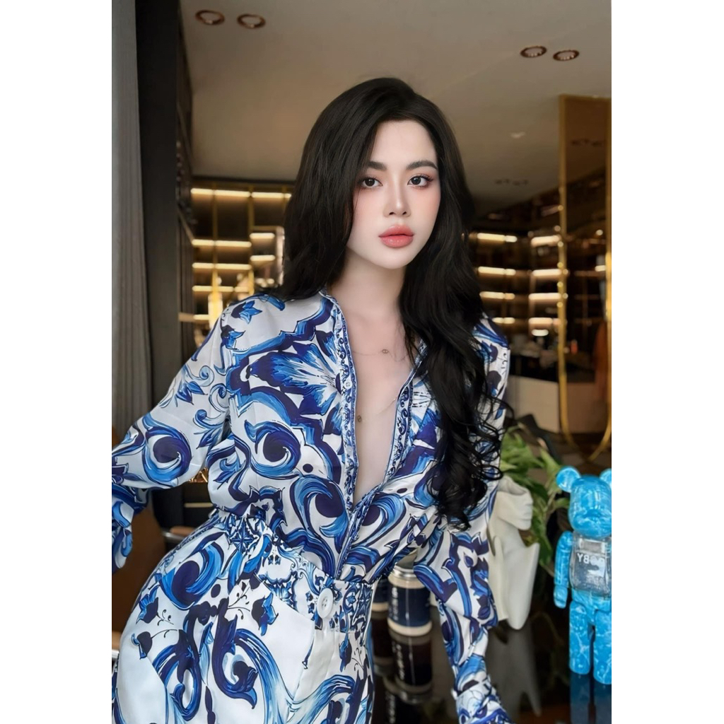 set áo sơ mi và váy quần xanh dương sieu cấp