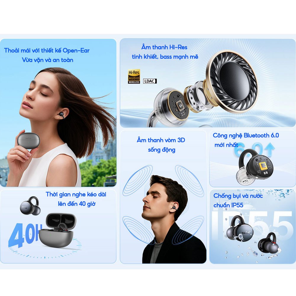 Tai Nghe Bluetooth Earfun Clip Thiết Kế Mở Open-Ear Kẹp Vành Tai Bluetooth 6.0 Hi-Res LDAC Pin 40H | BigBuy360 - bigbuy360.vn
