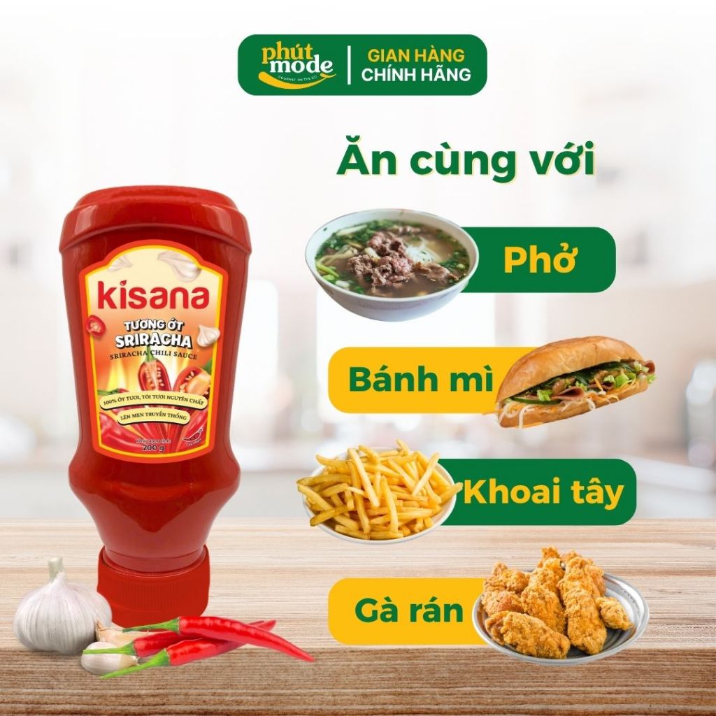 Tương ớt Sriracha Kinasa 200g nhỏ gọn, tiện lợi - 100% ớt tươi, tỏi tươi nguyên chất