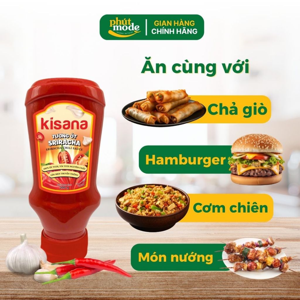 Tương ớt Sriracha Kinasa 200g nhỏ gọn, tiện lợi - 100% ớt tươi, tỏi tươi nguyên chất