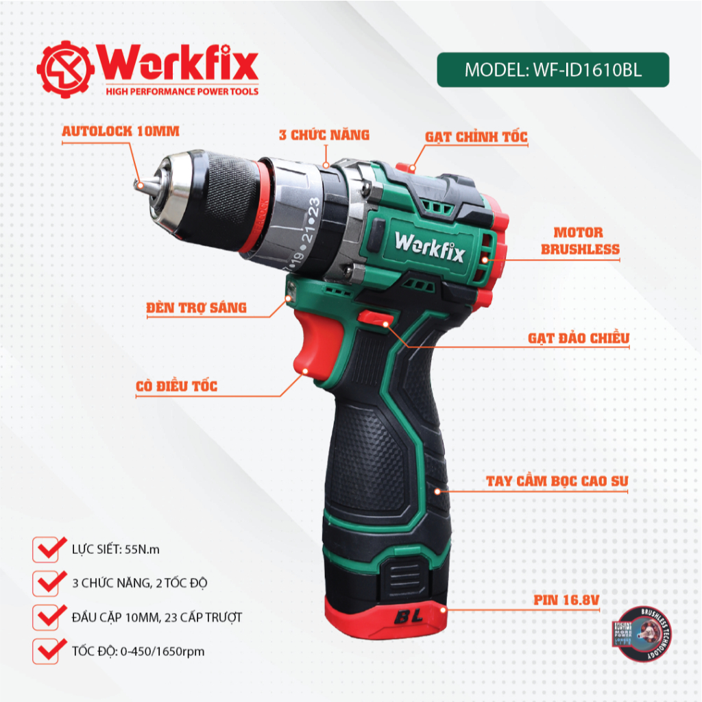 [Kèm Phụ Kiện] Máy Khoan Pin Workfix WF-ID1610BL - Bộ 2 Pin - 3 Chức Năng - Motor Không Chổi Than