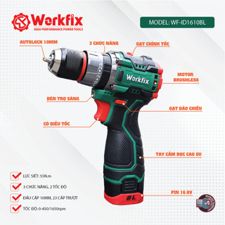 Máy khoan pin cầm tay Workfix WF-ID1610BL, Khoan sắt, Khoan gỗ, Bắt vít - Động Cơ Không Chổi Than