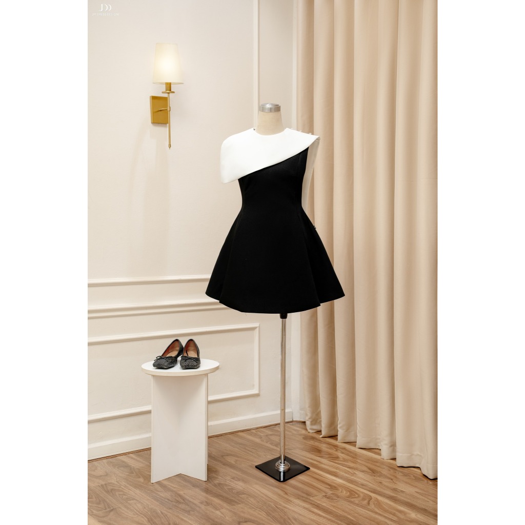 Đầm lệch vai xếp ly phối cape 1P01.2506K, đầm tiểu thư sang trọng dự tiệc, váy đi tiệc cưới thiết kế JM Dress Design