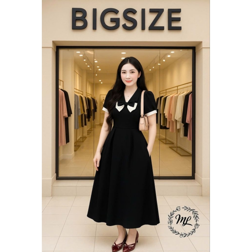ĐẦM THUN POLY XÒE DÀI PHỐI NƠ NGỰC – FORM VÁY TAY BỒNG NHẸ NHÀNG – ĐEN TRẮNG TINH TẾ – CHUẨN BIGSIZE 55–90KG (MS403)