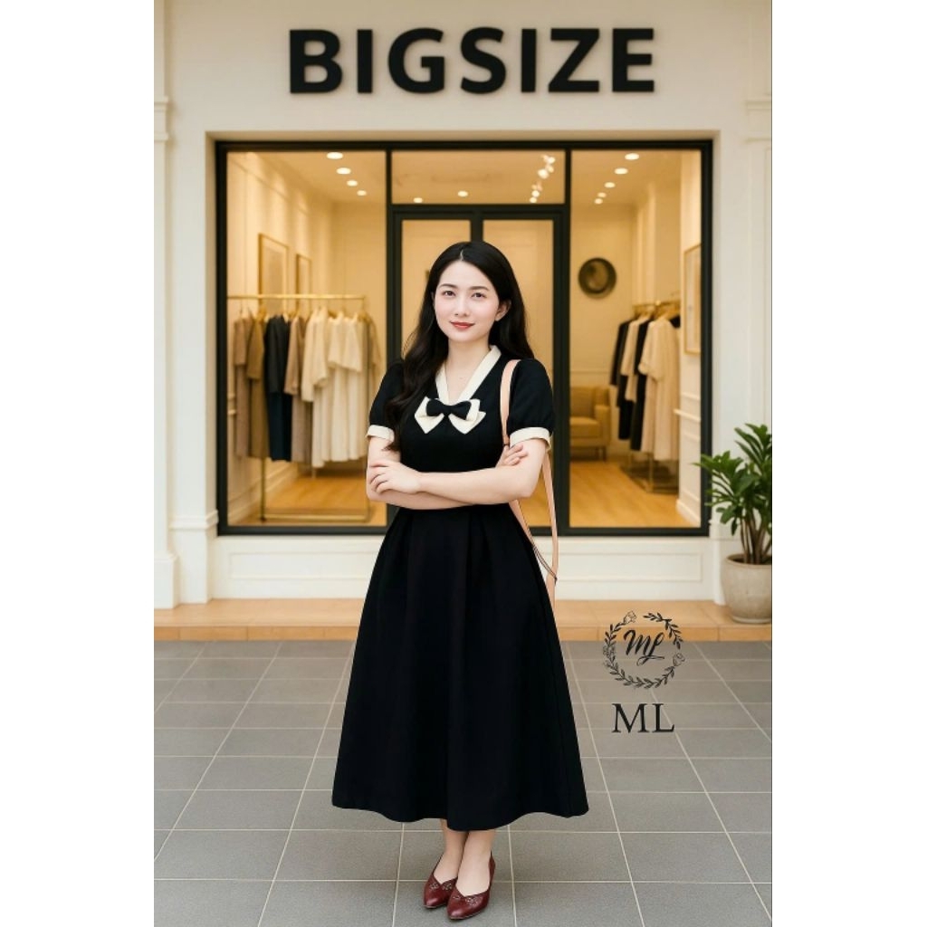 ĐẦM THUN POLY XÒE DÀI PHỐI NƠ NGỰC – FORM VÁY TAY BỒNG NHẸ NHÀNG – ĐEN TRẮNG TINH TẾ – CHUẨN BIGSIZE 55–90KG (MS403)